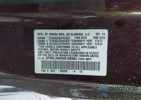 2014 Honda Odyssey Ex-L z USA, uszkodzony, nr VIN 5FNRL5H65EB108563